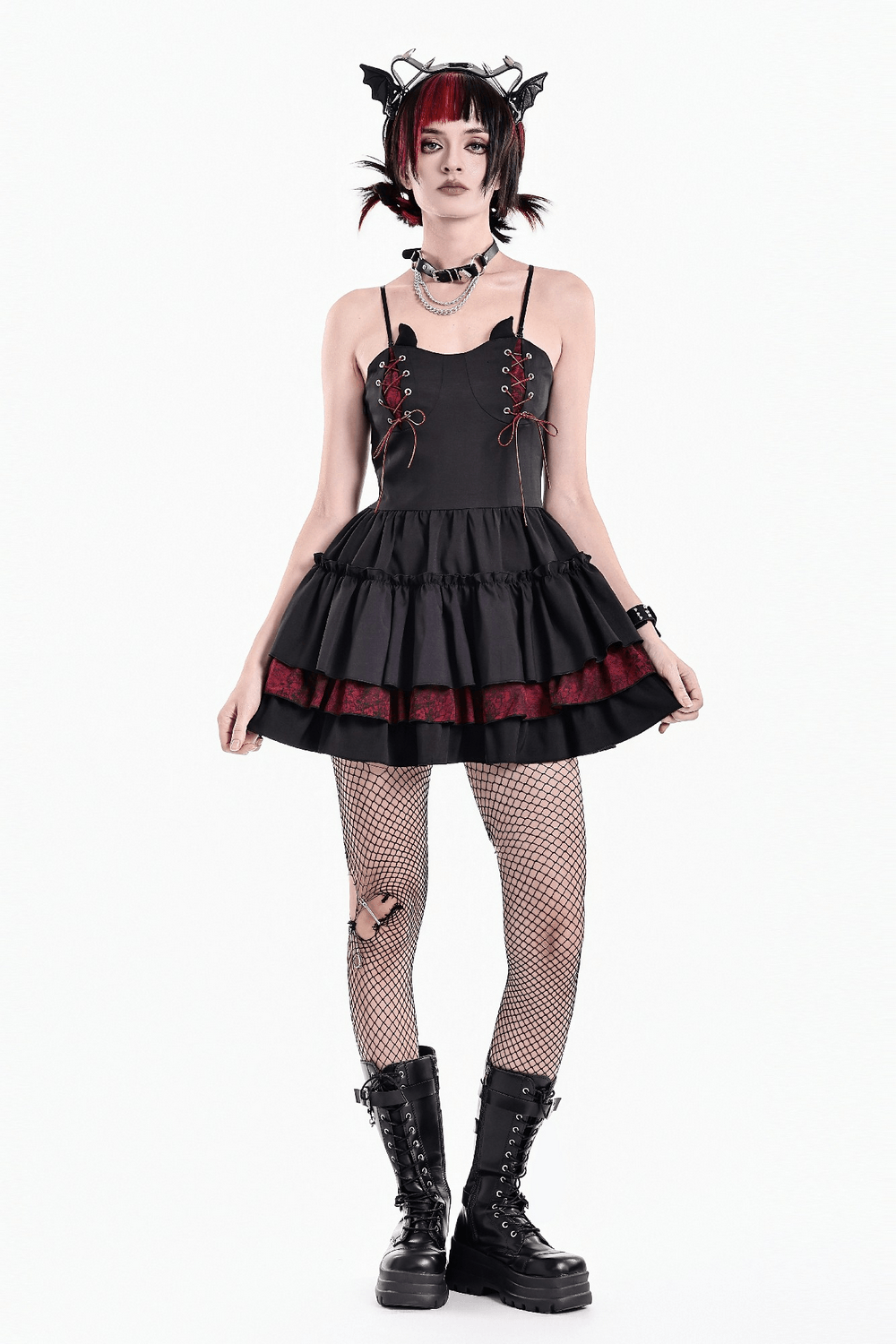 Alternative Lace-Up Ruffle Mini Dress with Bat Straps