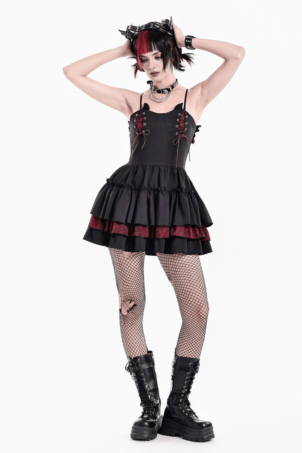 Alternative Lace-Up Ruffle Mini Dress with Bat Straps