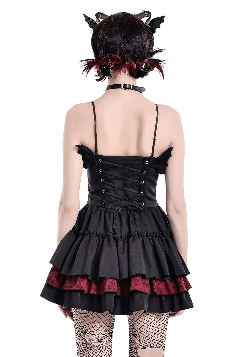 Alternative Lace-Up Ruffle Mini Dress with Bat Straps