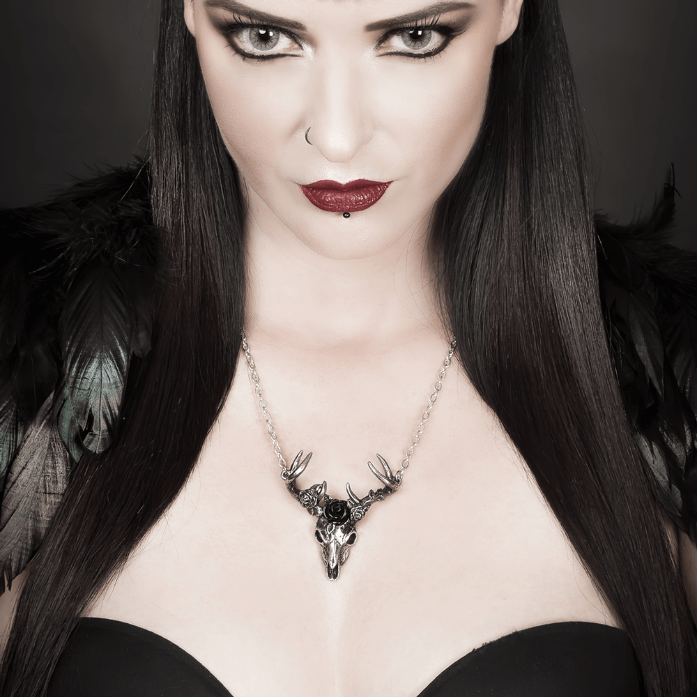 Antiqued Pewter White Hart and Black Rose Pendant