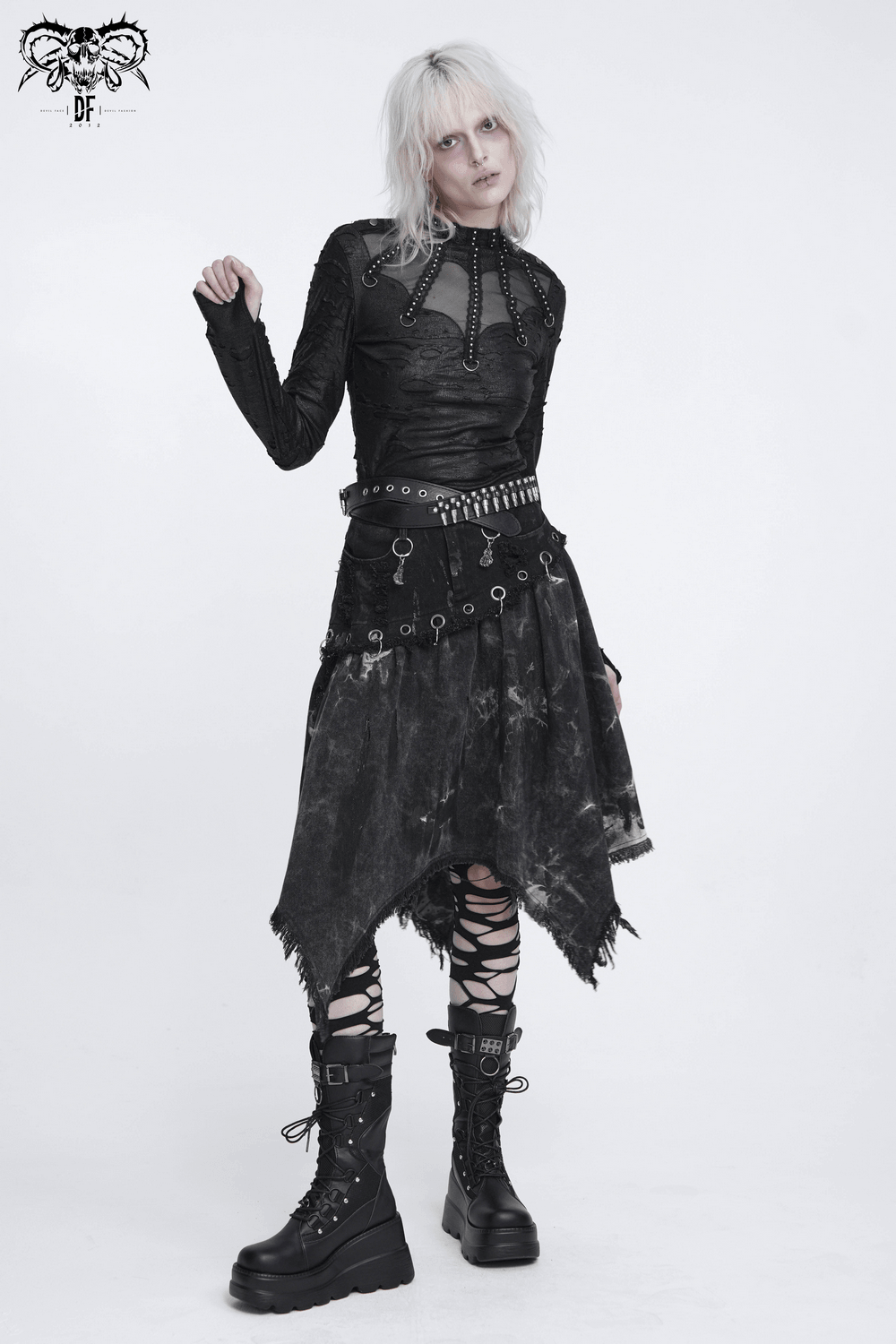 Asymmetric Skirt with Rings and Frayed Hem for Women