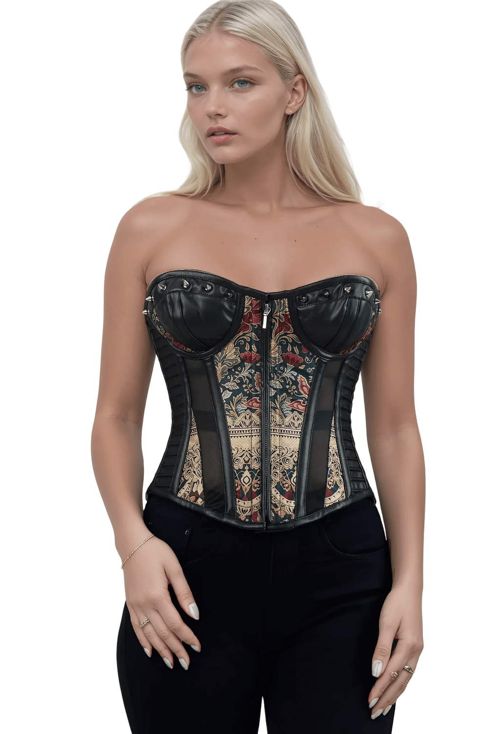Baroque Floral Overbust Corset with Faux Leather
