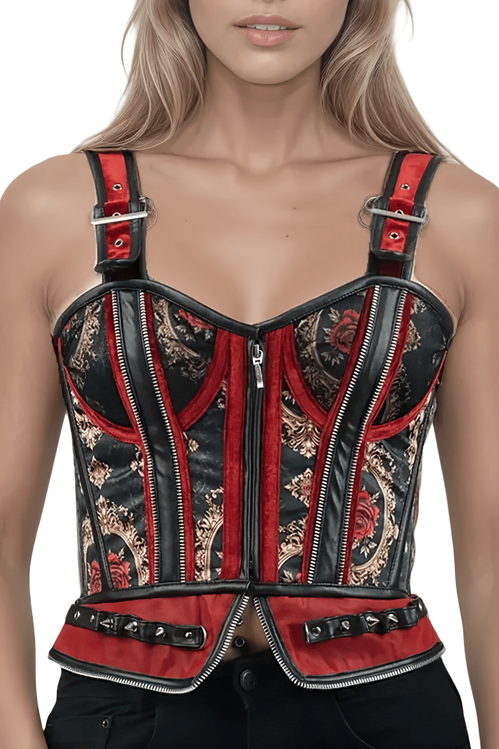 Baroque Red Rose Corset with Faux Leather and Velvet Accents