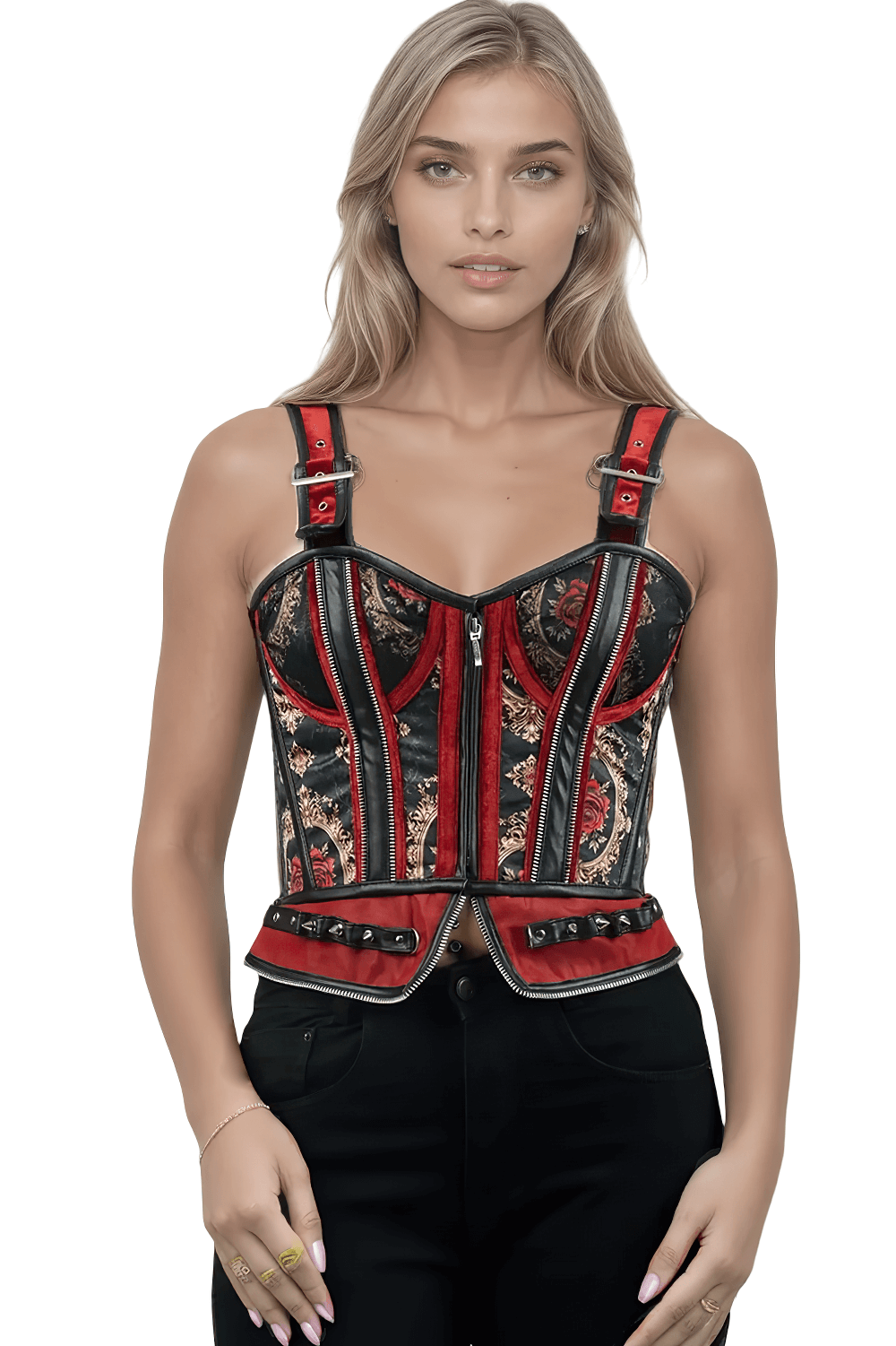 Baroque Red Rose Corset with Faux Leather and Velvet Accents