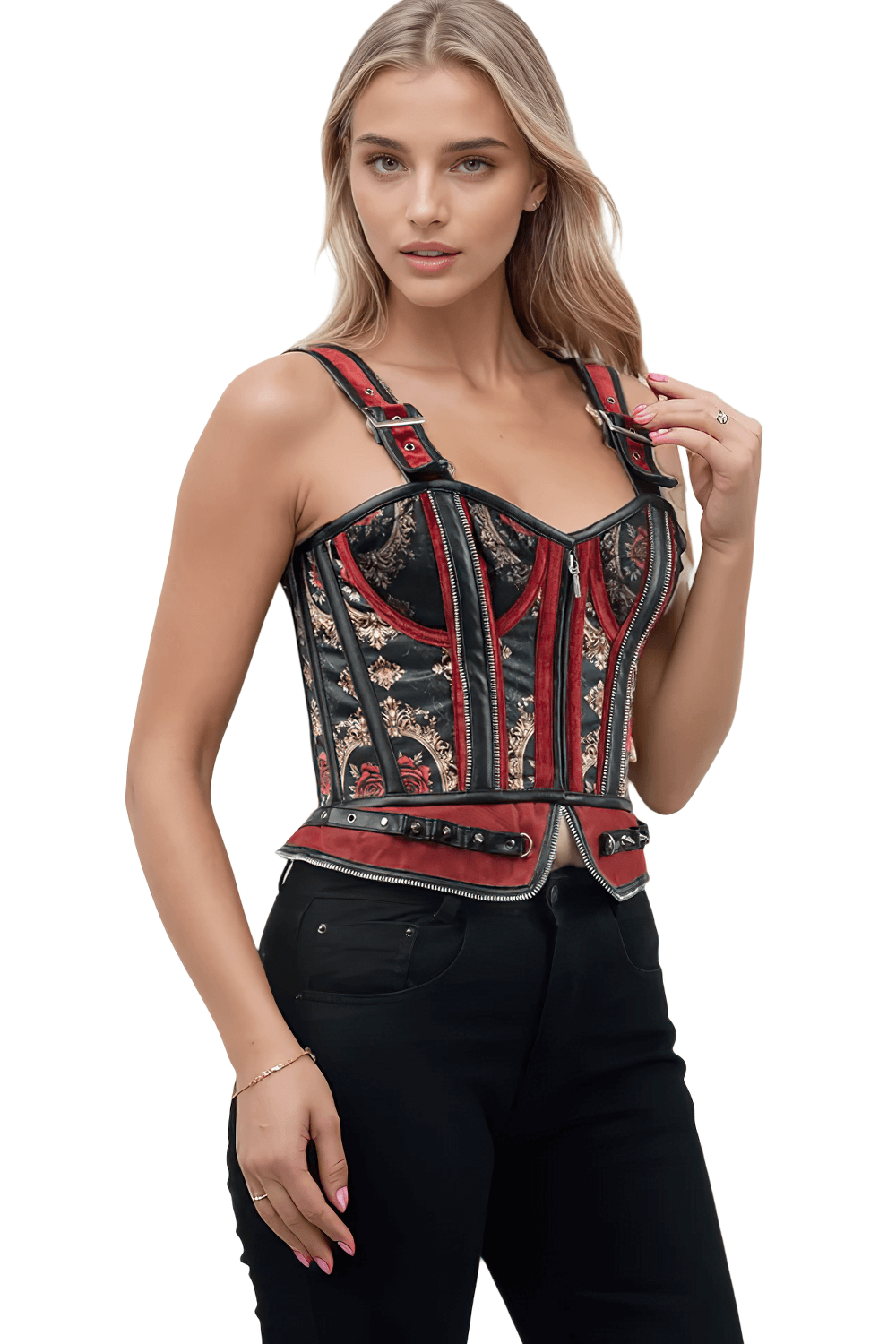 Baroque Red Rose Corset with Faux Leather and Velvet Accents