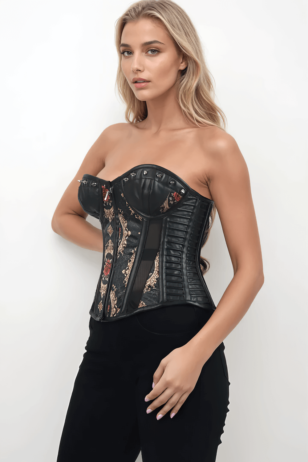 Baroque Red Rose Overbust Corset with Faux Leather Panels
