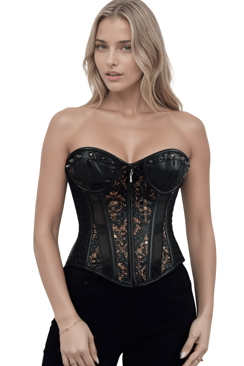 Baroque Skull and Rose Overbust Corset with Mesh Panels