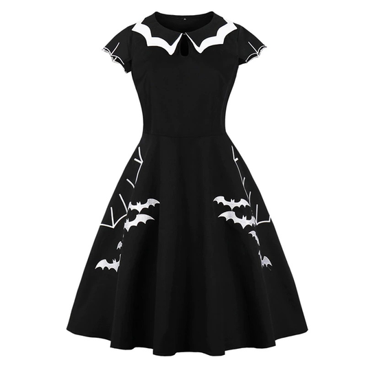 Bat Embroidery Women's Dress / Gothic Black A-Line Dress / Halloween Costumes