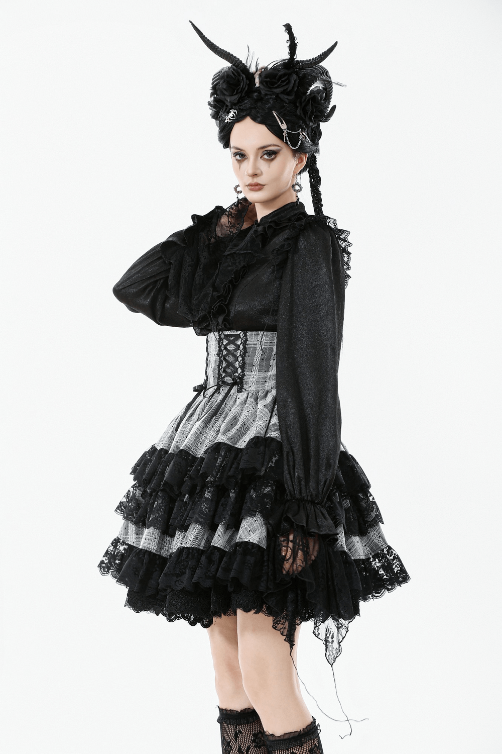 Black and Gray Lolita High-Waist Tiered Lace Skirt