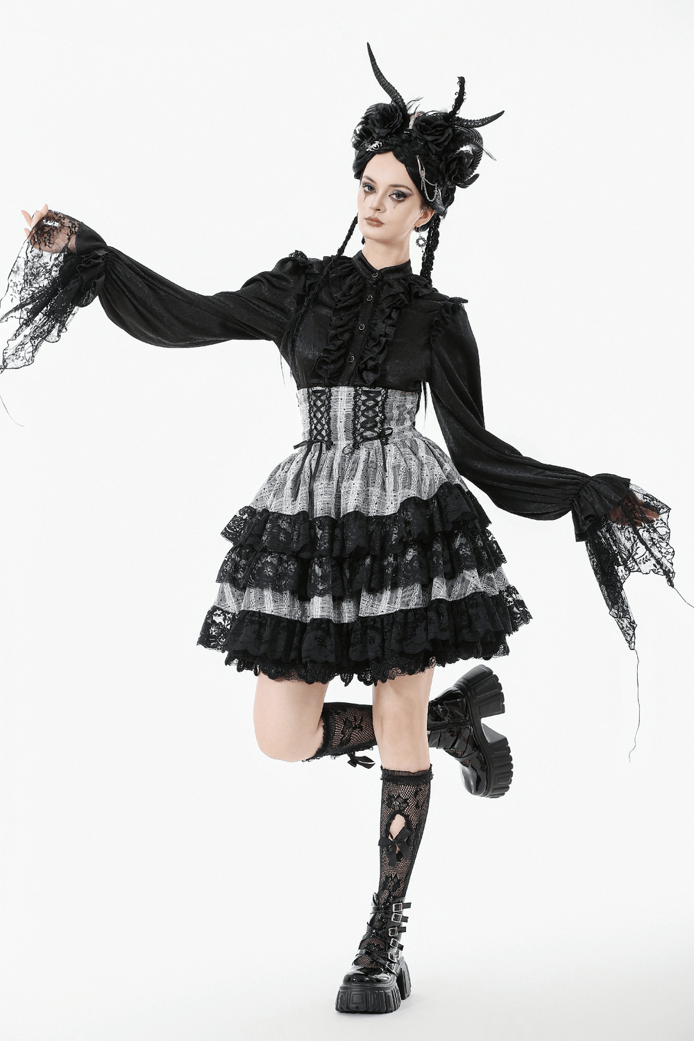 Black and Gray Lolita High-Waist Tiered Lace Skirt
