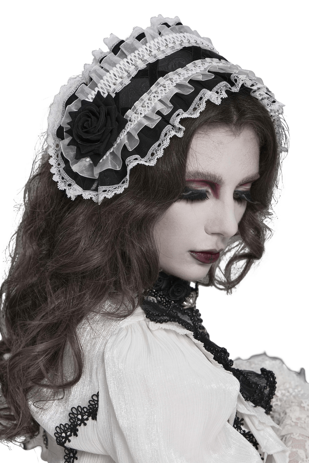 Black and White Gothic Lolita Lace Bonnet with Roses