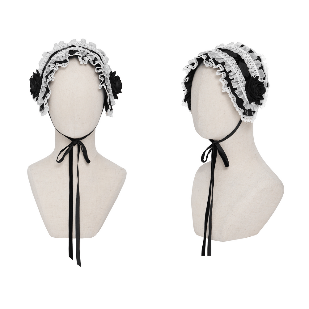 Black and White Gothic Lolita Lace Bonnet with Roses
