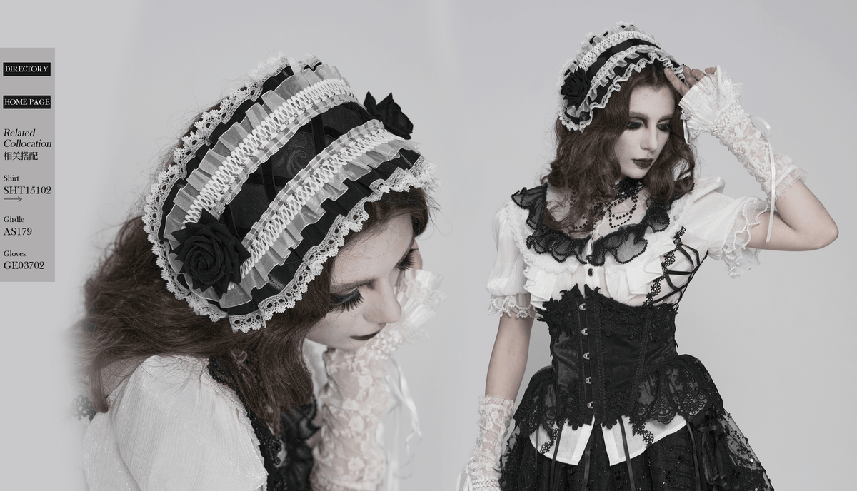 Black and White Gothic Lolita Lace Bonnet with Roses