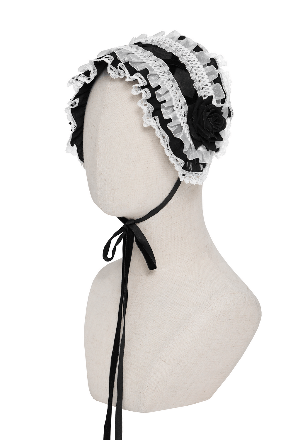 Black and White Gothic Lolita Lace Bonnet with Roses