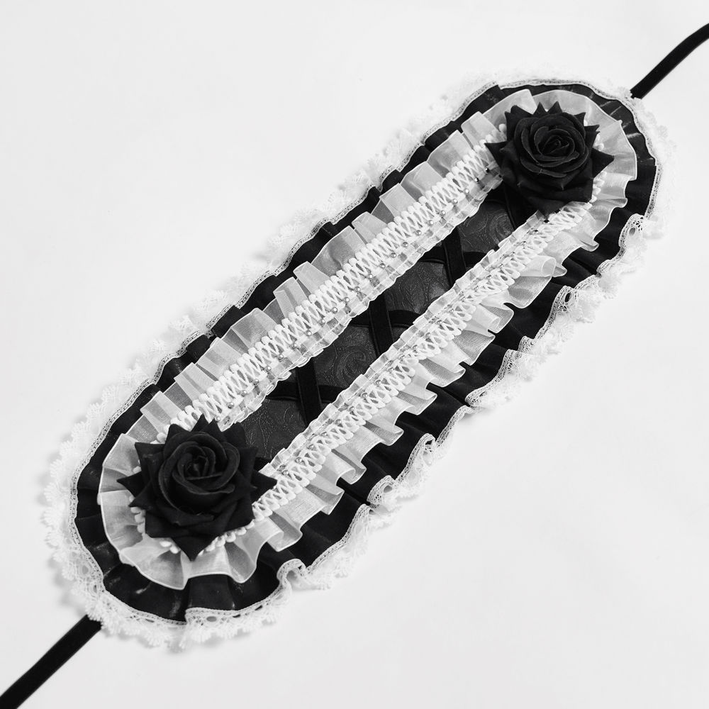 Black and White Gothic Lolita Lace Bonnet with Roses