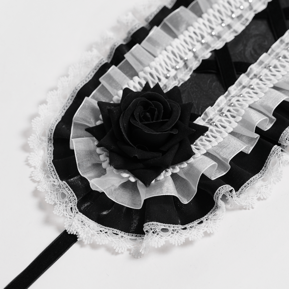 Black and White Gothic Lolita Lace Bonnet with Roses
