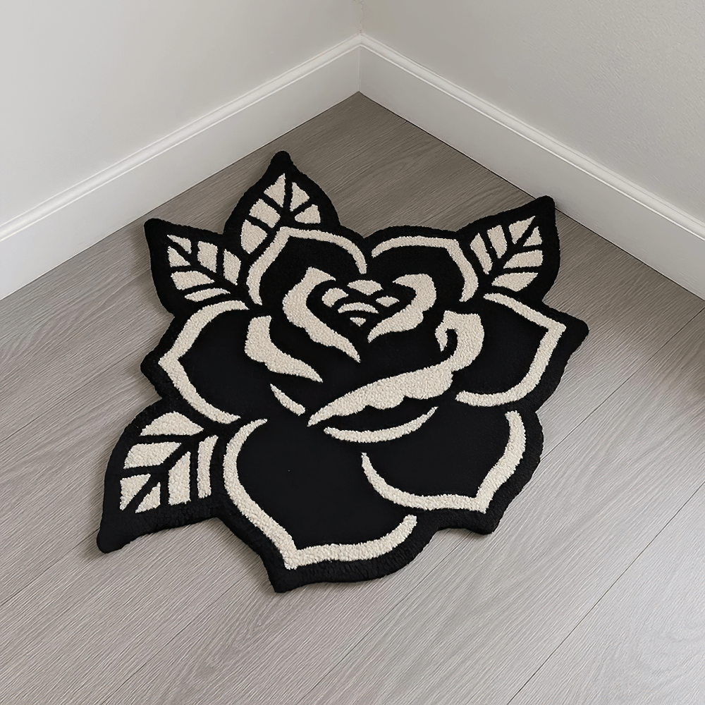 Black and White Rose Shaped Anti-Slip Area Rug