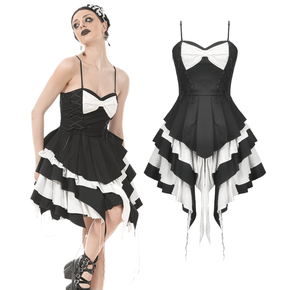 Black and White Ruffled Gothic Dress with Lace and Bow