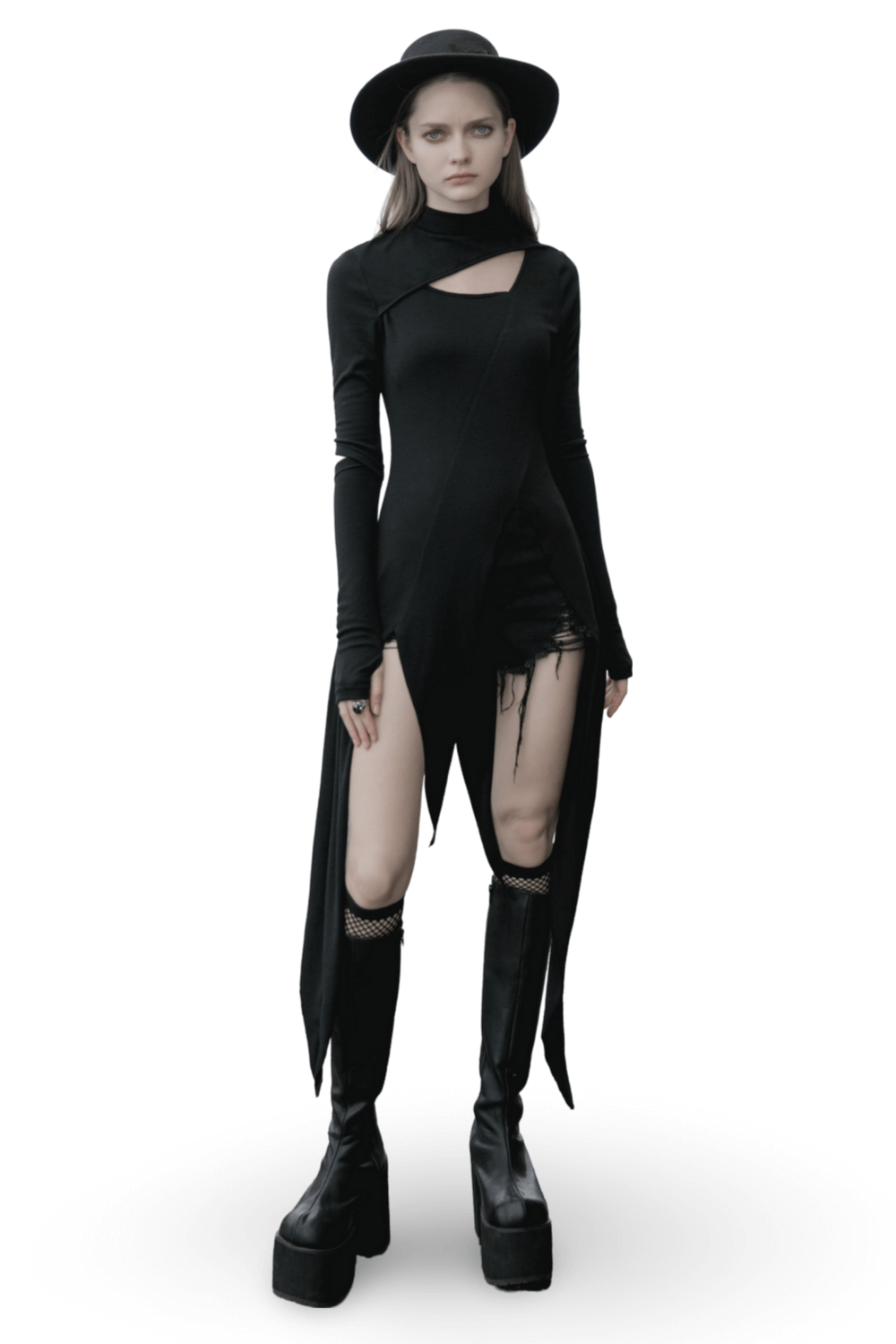 Black Asymmetric Knit Dress with Sleeve Cut-Outs