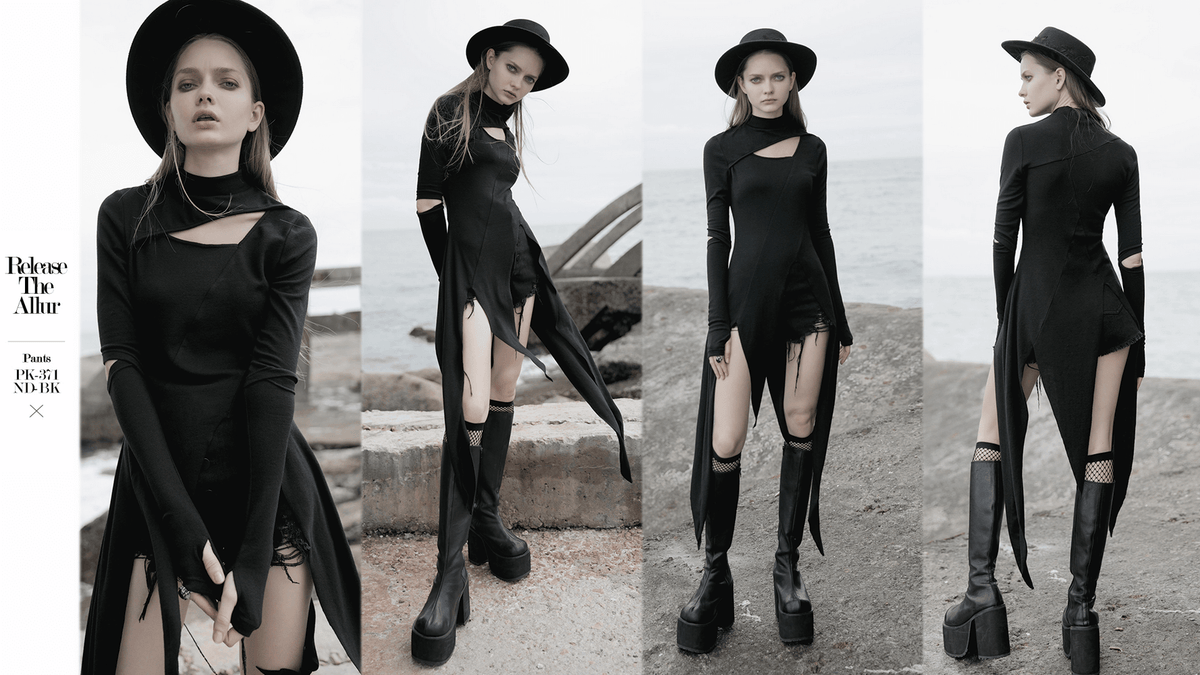 Black Asymmetric Knit Dress with Sleeve Cut-Outs