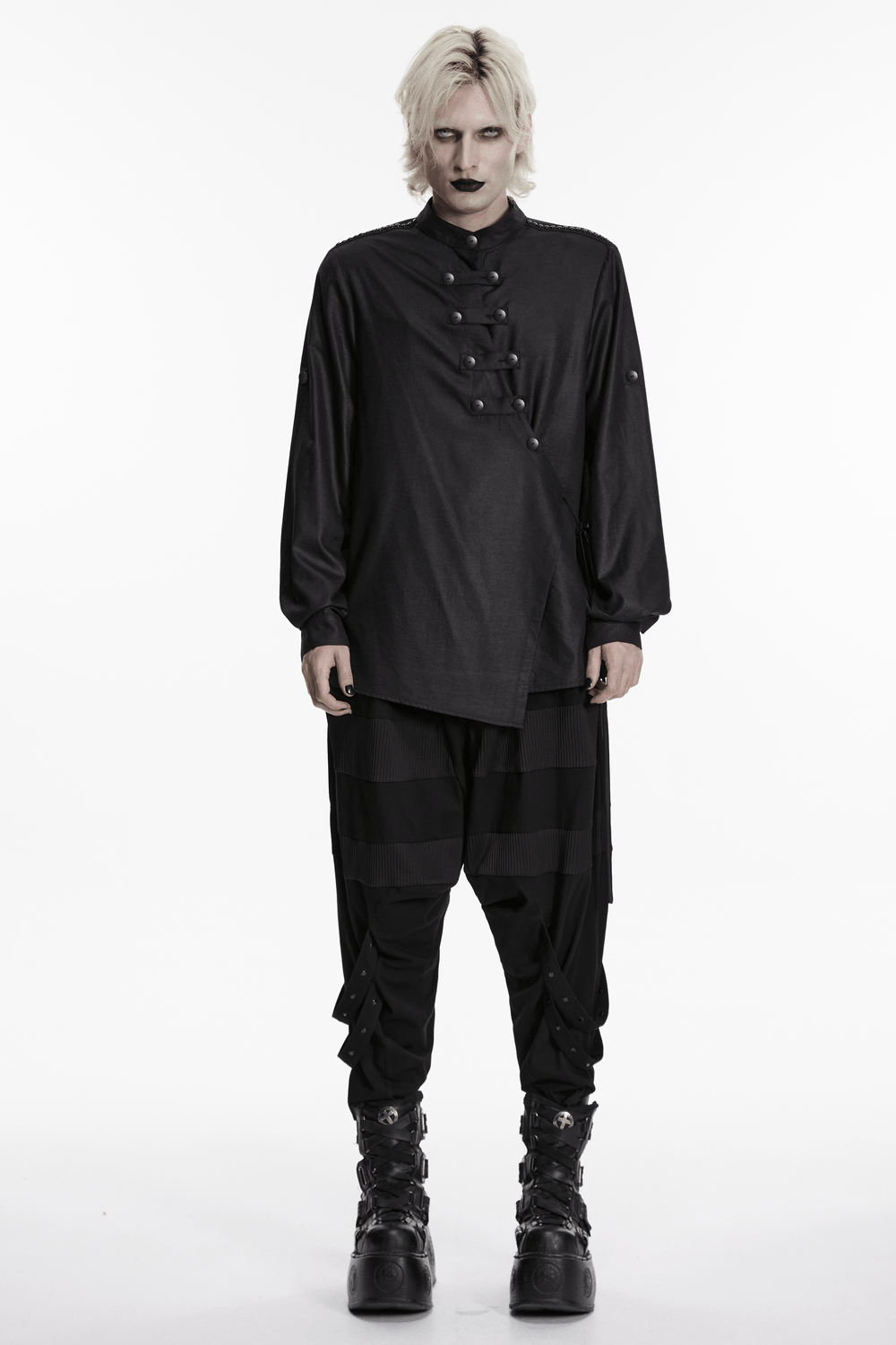 Black Asymmetric Punk Shirt with Hardware Straps