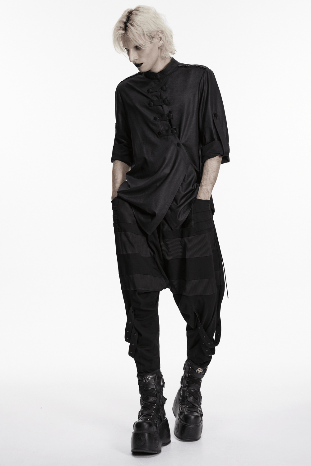Black Asymmetric Punk Shirt with Hardware Straps