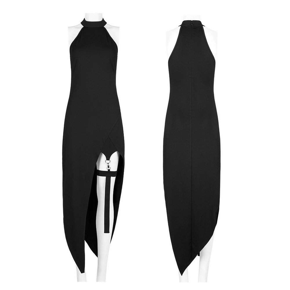 Black Asymmetrical Dress with Punk Cross-Leg Loops