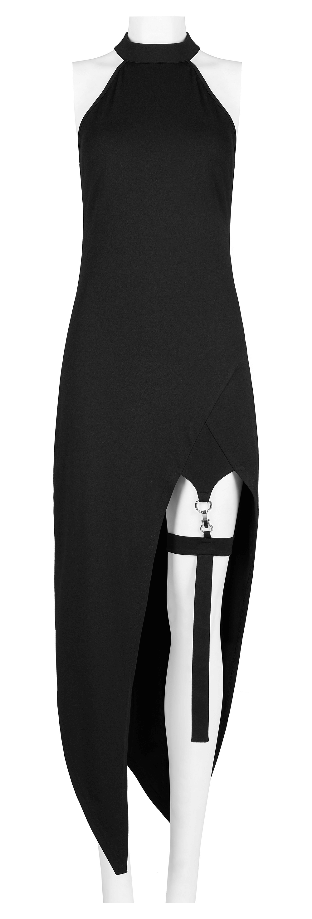 Black Asymmetrical Dress with Punk Cross-Leg Loops