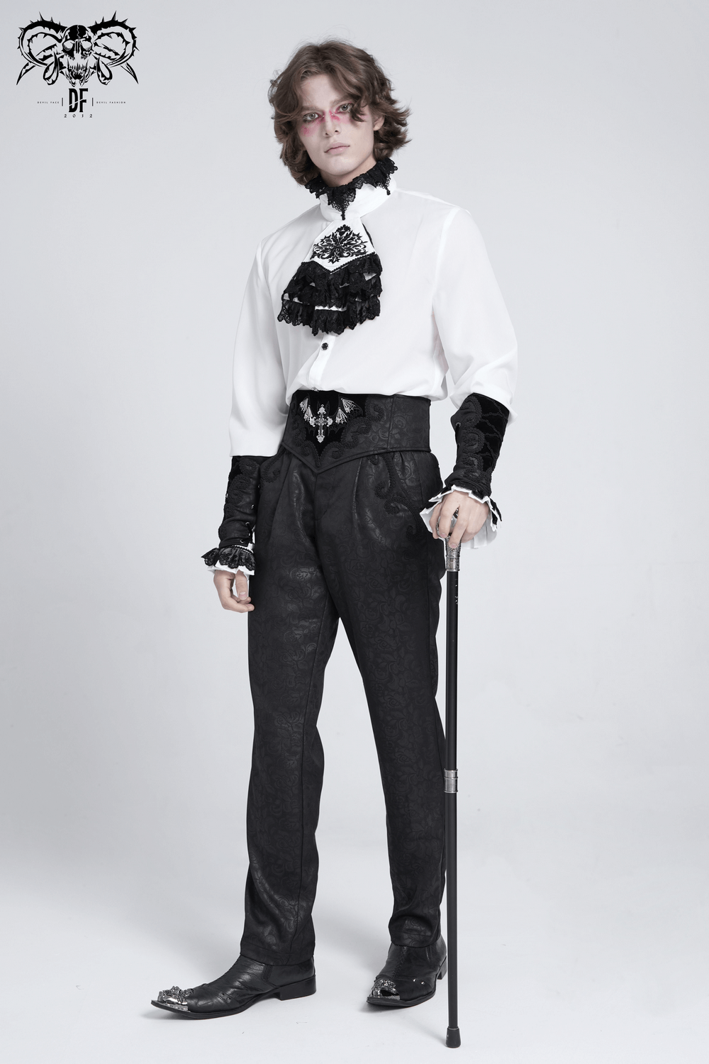 Black Brocade Gothic Pants with Embroidered Details