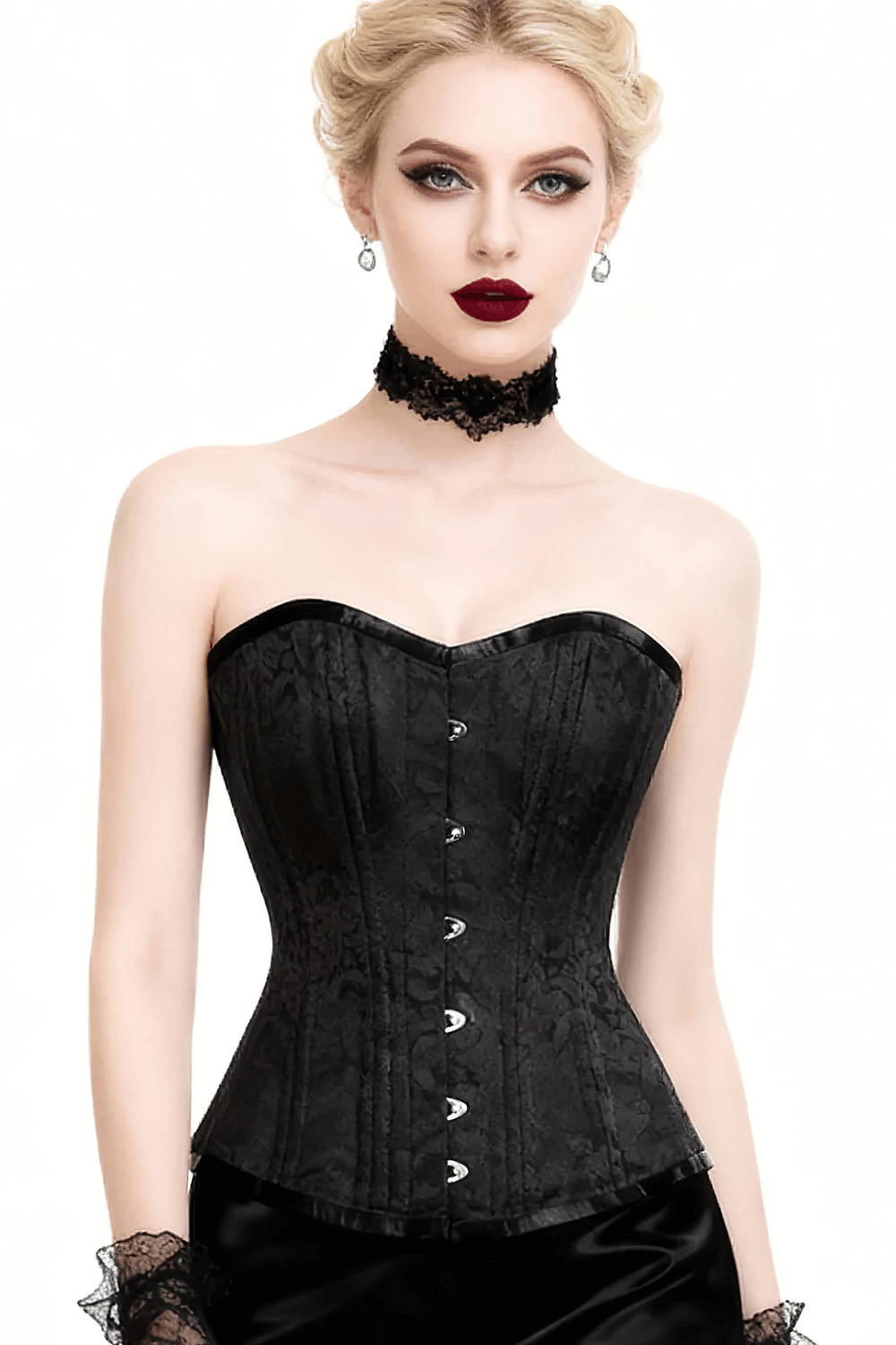 Black Brocade Overbust Steel Boned Waist Trainer Corset