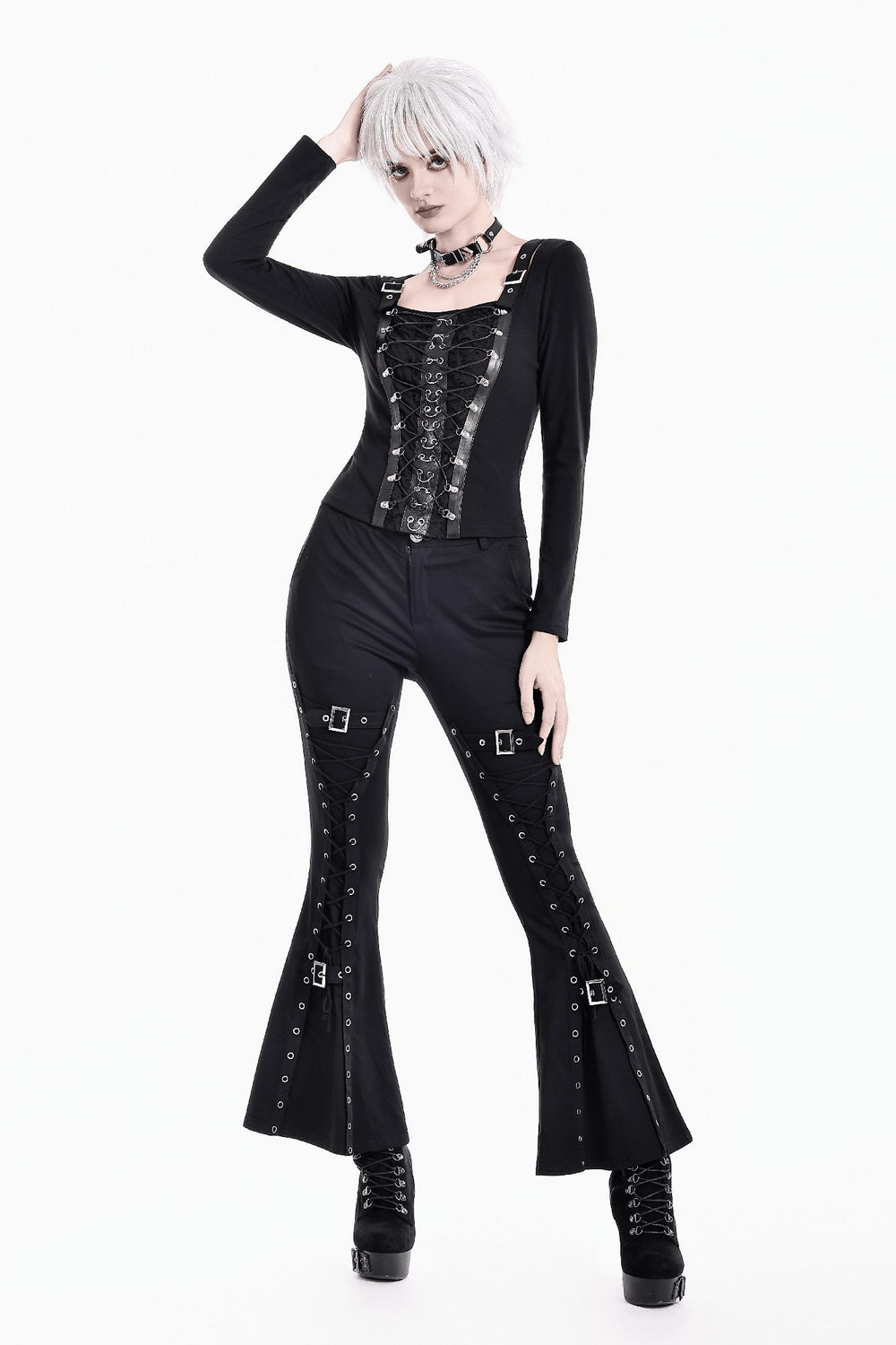 Black Buckle Strap Top with Gothic Corset Lace-Up Front