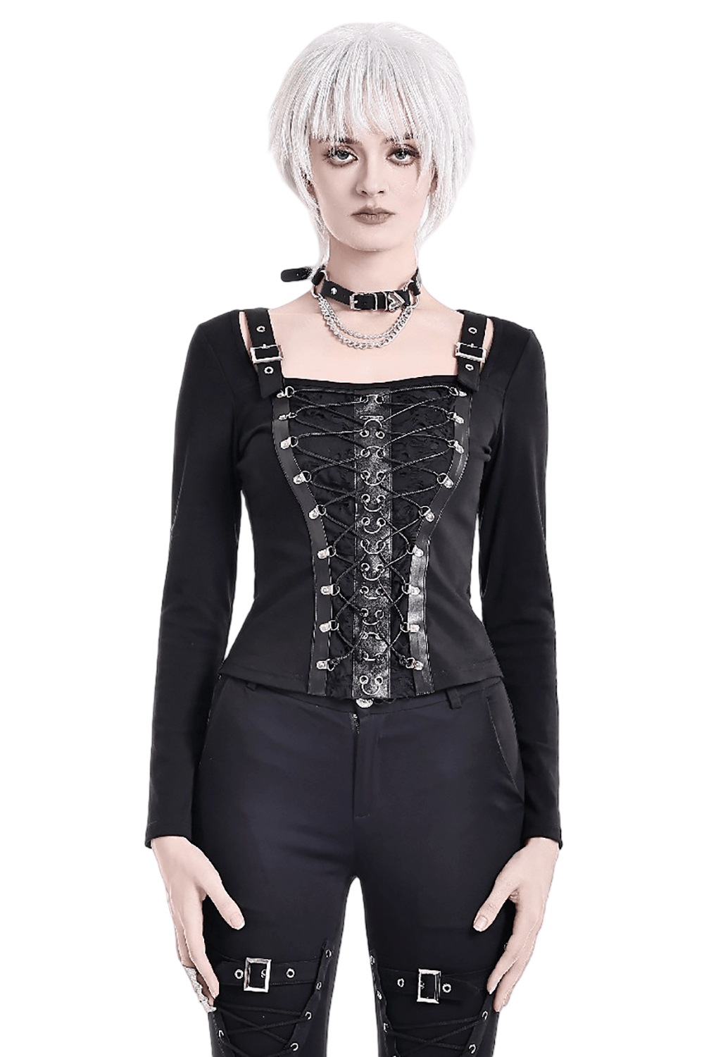 Black Buckle Strap Top with Gothic Corset Lace-Up Front
