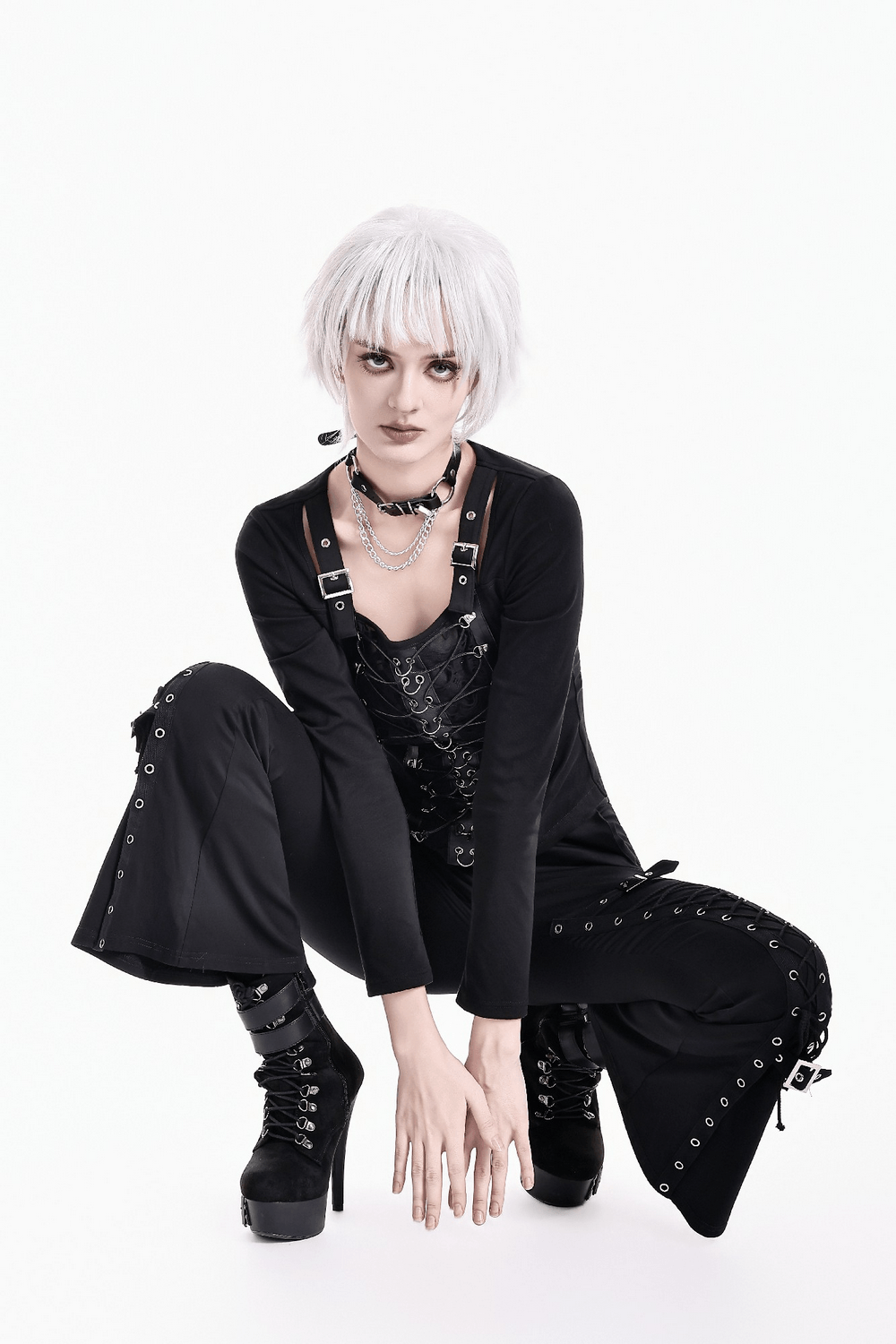 Black Buckle Strap Top with Gothic Corset Lace-Up Front