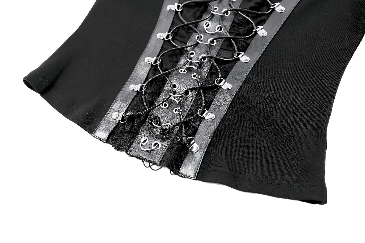Black Buckle Strap Top with Gothic Corset Lace-Up Front