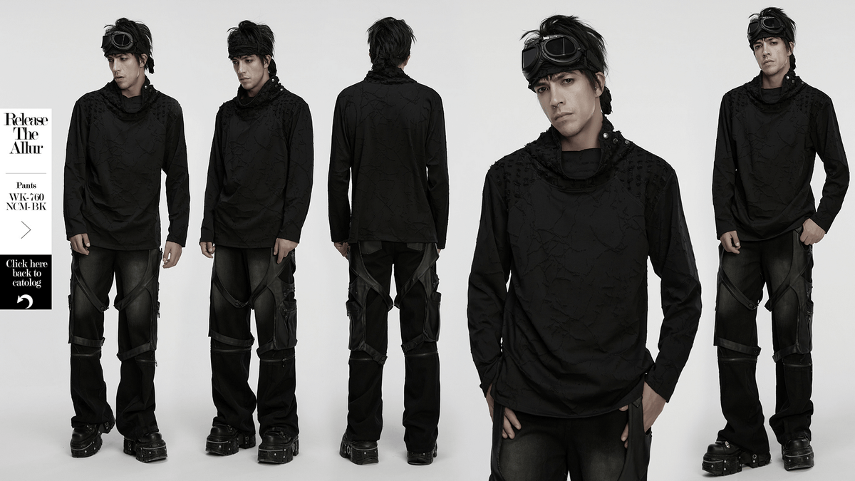 Black Burnout Knit Gothic Top with Stand Collar Design