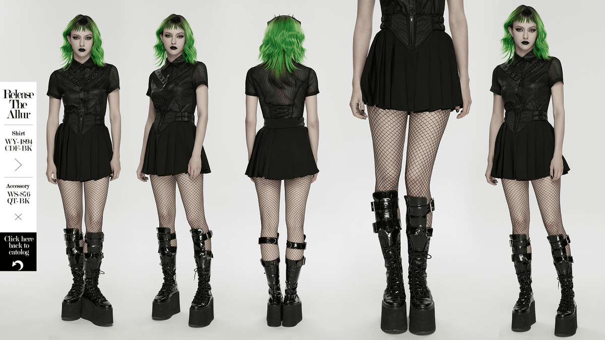 Black Cyberpunk Buckle Waist Pleated Mini Skirt