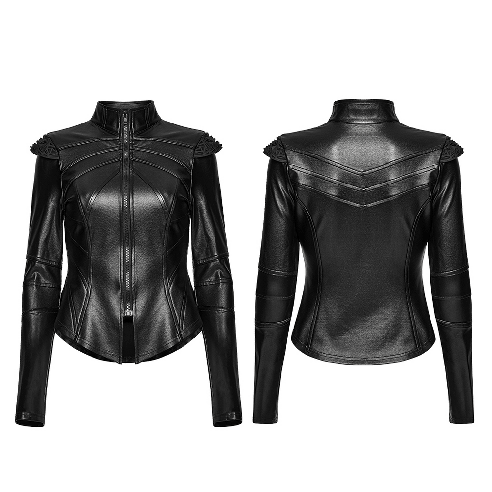Black Cyberpunk Jacket with Sculpted Bone Shoulder Spikes