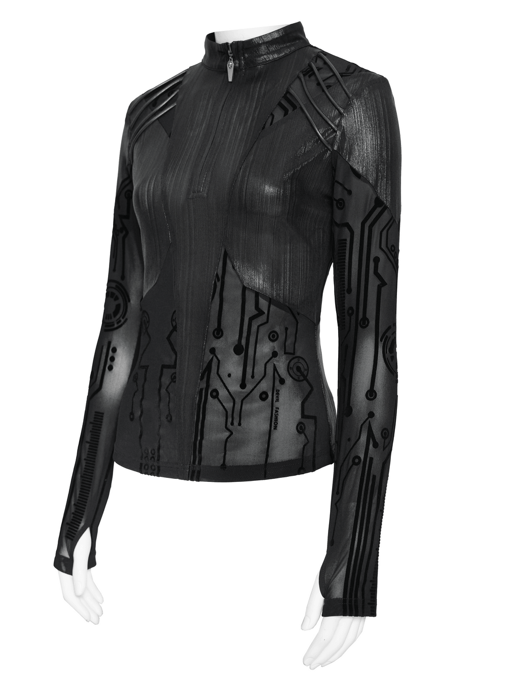 Black Cyberpunk Mesh Circuit Print Zip Up Techwear Top