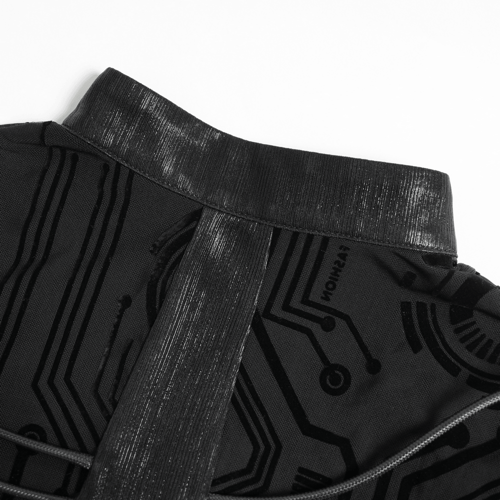Black Cyberpunk Mesh Circuit Print Zip Up Techwear Top
