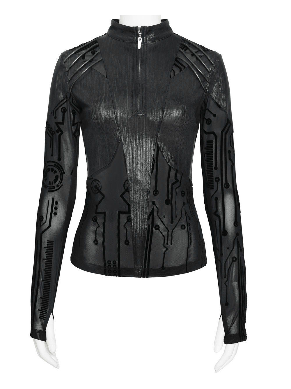 Black Cyberpunk Mesh Circuit Print Zip Up Techwear Top