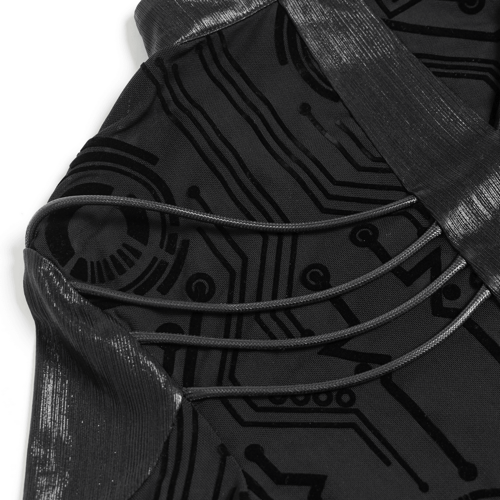 Black Cyberpunk Mesh Circuit Print Zip Up Techwear Top