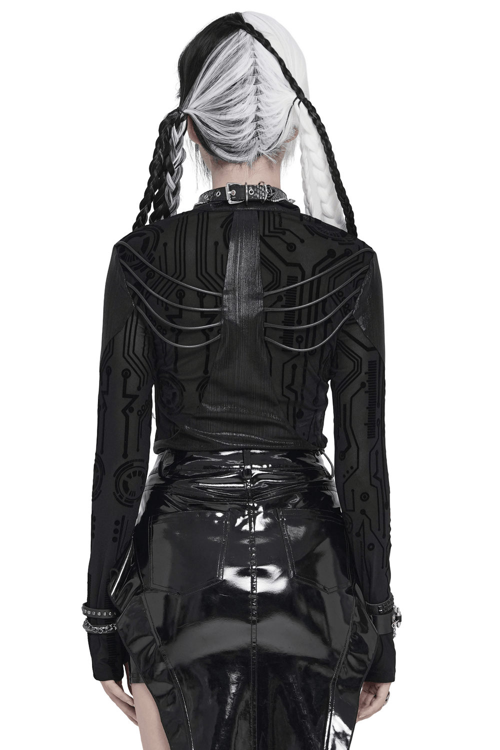 Black Cyberpunk Mesh Circuit Print Zip Up Techwear Top