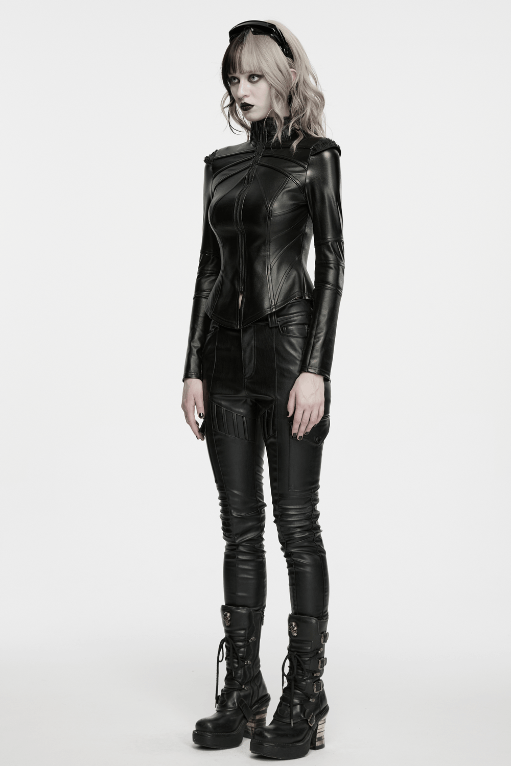 Black Cyberpunk Slim Cargo Pants with Pleated Panels