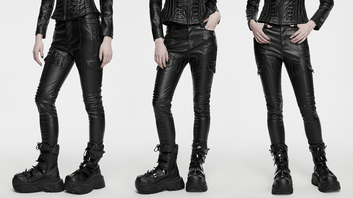 Black Cyberpunk Slim Cargo Pants with Pleated Panels