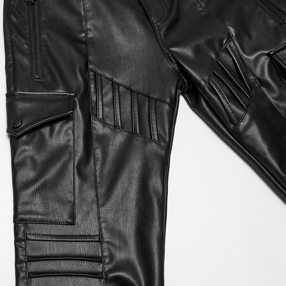 Black Cyberpunk Slim Cargo Pants with Pleated Panels