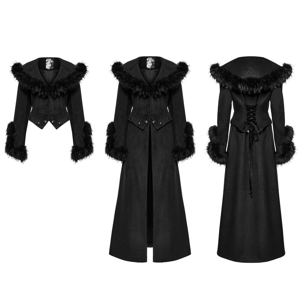 Black Detachable Two-Piece Coat with Fur Collar and Buckles