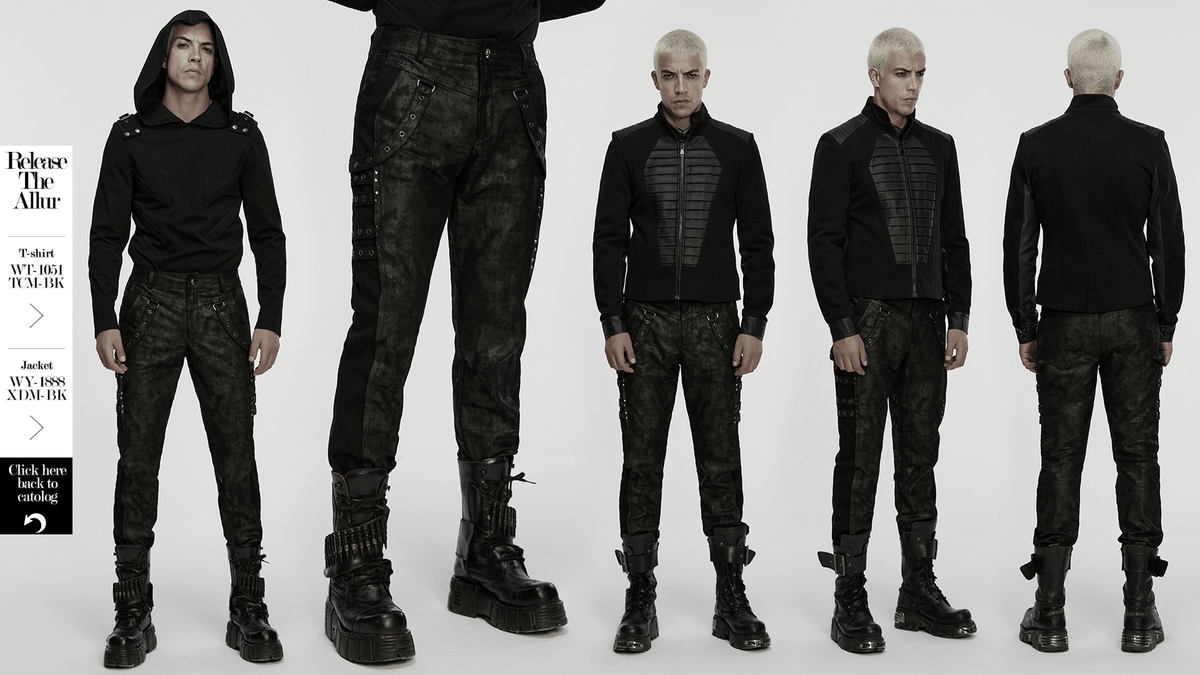 Black Distressed Twill Pants with Metal Eyelet Straps