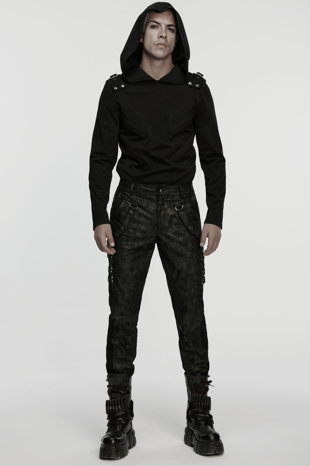 Black Distressed Twill Pants with Metal Eyelet Straps