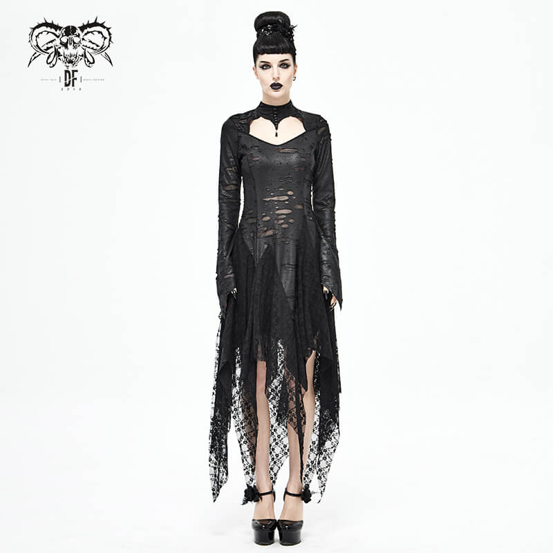 Black 'Dragon Spine' Gothic Dress / Women's Dark Shadow Long Sleeve Irregular Hem Dress