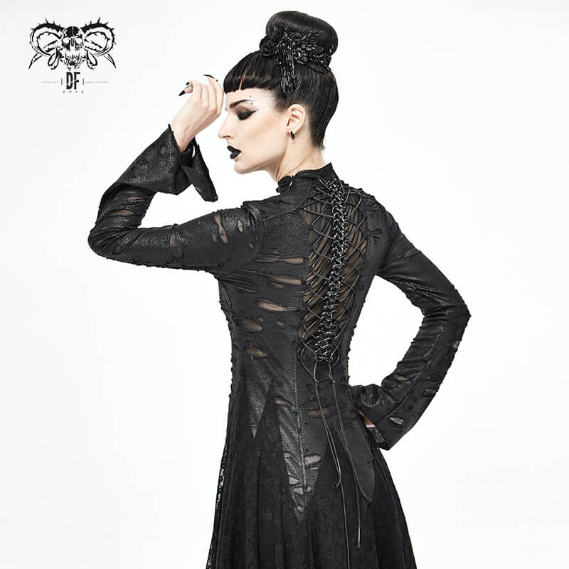 Black 'Dragon Spine' Gothic Dress / Women's Dark Shadow Long Sleeve Irregular Hem Dress